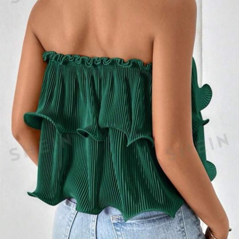 Forest Green Ribbed Flowy Tube Top Strapless Top Ruffles - Picture 2 of 2